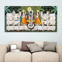 Lord Krishna Shreenathji with Gau Mata and Devotees Pichwai Canvas Wall Painting
