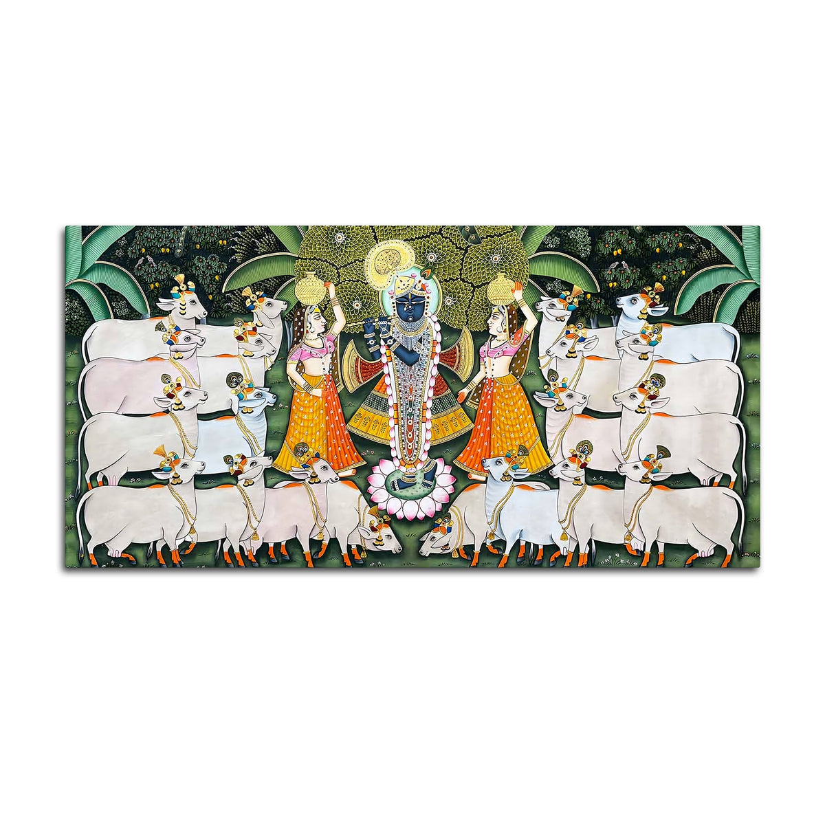 Lord Krishna Shreenathji with Gau Mata and Devotees Pichwai Canvas Wall Painting