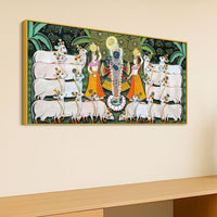 Lord Krishna Shreenathji with Gau Mata and Devotees Pichwai Canvas Wall Painting