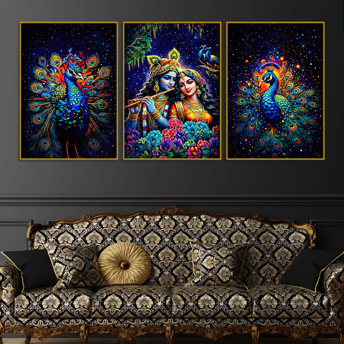 Lord Krishna Shri Radha and Peacocks Floating Frame Crystal Wall Painting Set of 3