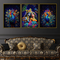 Lord Krishna Shri Radha and Peacocks Floating Frame Crystal Wall Painting Set of 3