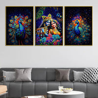 Lord Krishna Shri Radha and Peacocks Floating Frame Crystal Wall Painting Set of 3