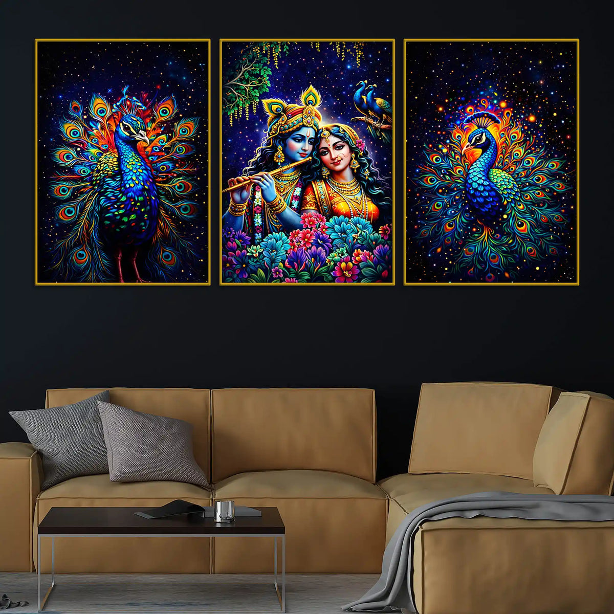 Lord Krishna Shri Radha and Peacocks Floating Frame Crystal Wall Painting Set of 3