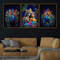 Lord Krishna Shri Radha and Peacocks Floating Frame Crystal Wall Painting Set of 3