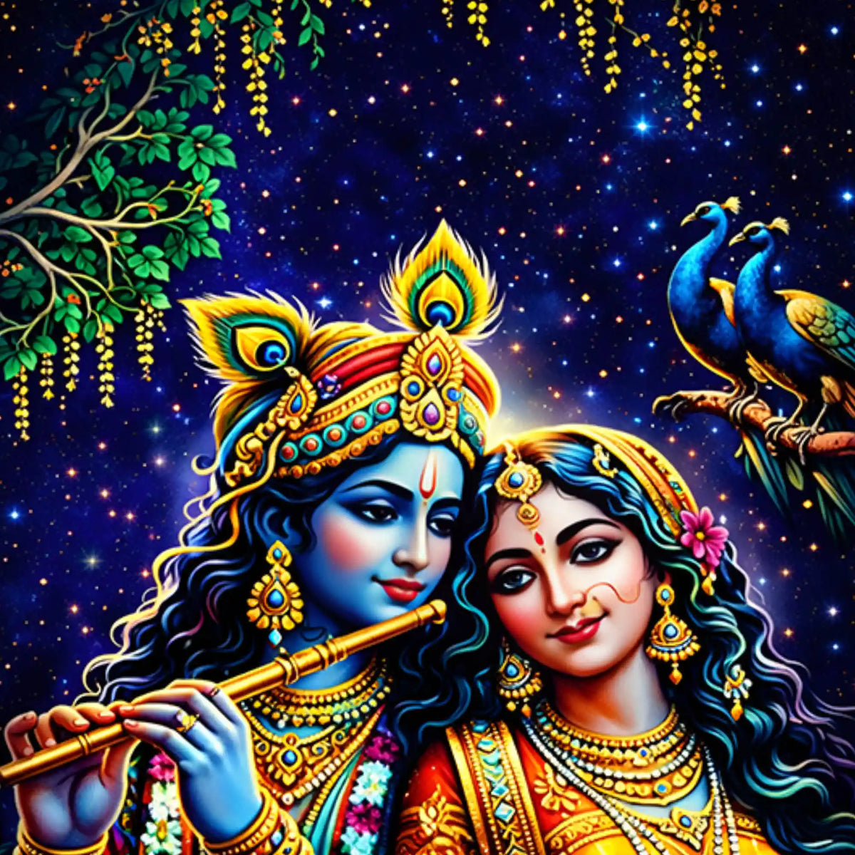 Lord Krishna Shri Radha and Peacocks Floating Frame Crystal Wall Painting Set of 3
