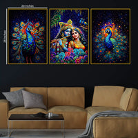 Lord Krishna Shri Radha and Peacocks Floating Frame Crystal Wall Painting Set of 3