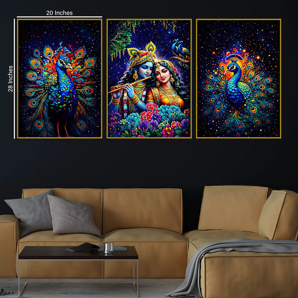 Lord Krishna Shri Radha and Peacocks Floating Frame Crystal Wall Painting Set of 3