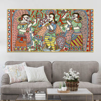 Lord Krishna with Gopis Madhubani Canvas Wall Painting