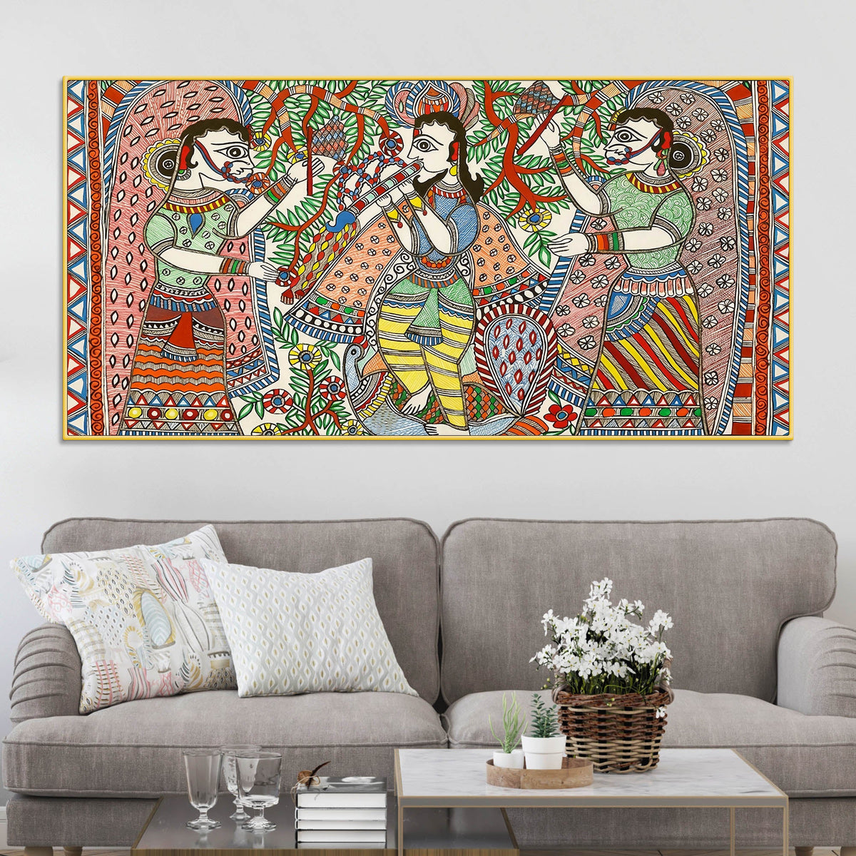 Lord Krishna with Gopis Madhubani Canvas Wall Painting