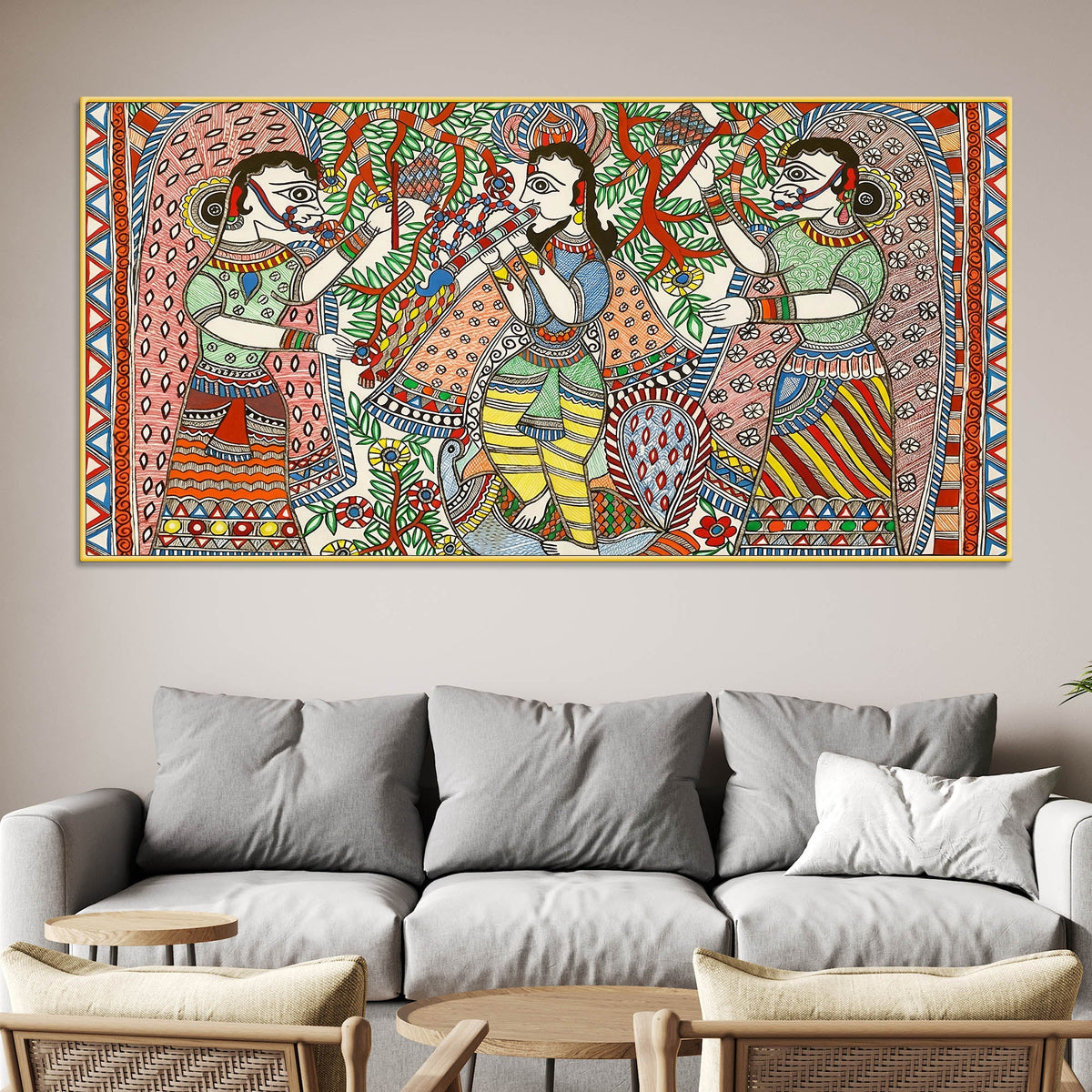 Lord Krishna with Gopis Madhubani Canvas Wall Painting