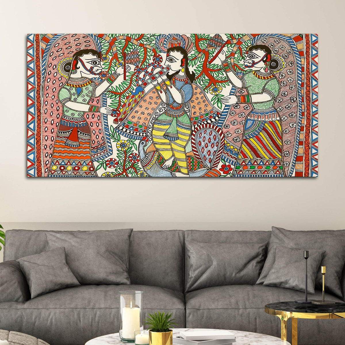 Lord Krishna with Gopis Madhubani Canvas Wall Painting