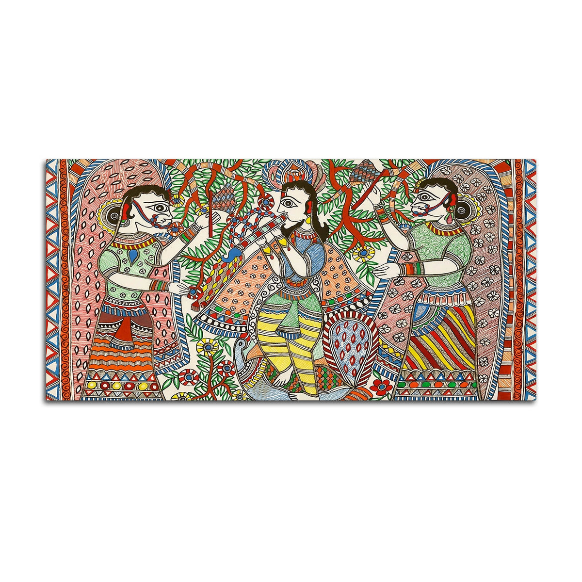 Lord Krishna with Gopis Madhubani Canvas Wall Painting