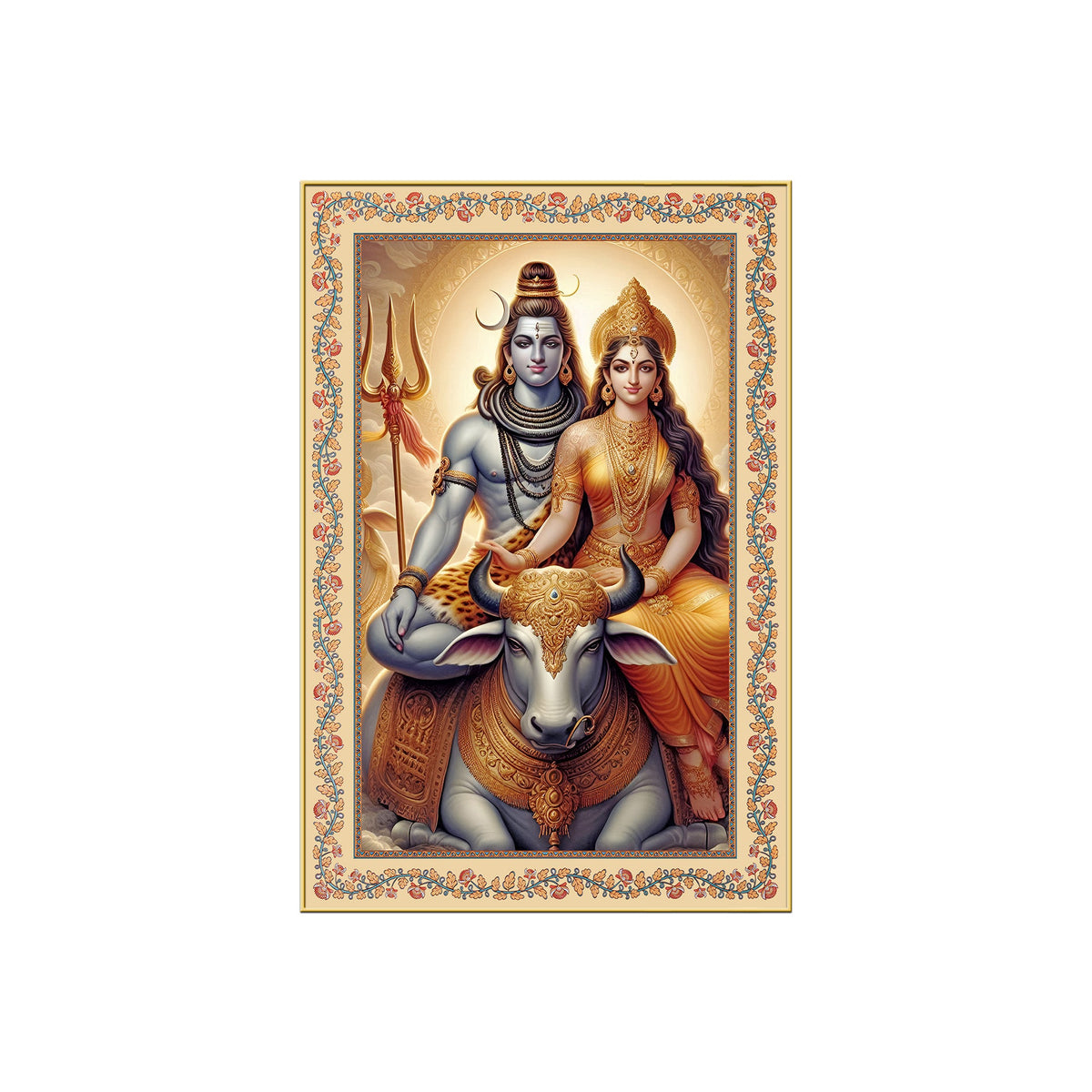 Lord Shiv with Parvati Floral Border Vertical Canvas Wall Painting