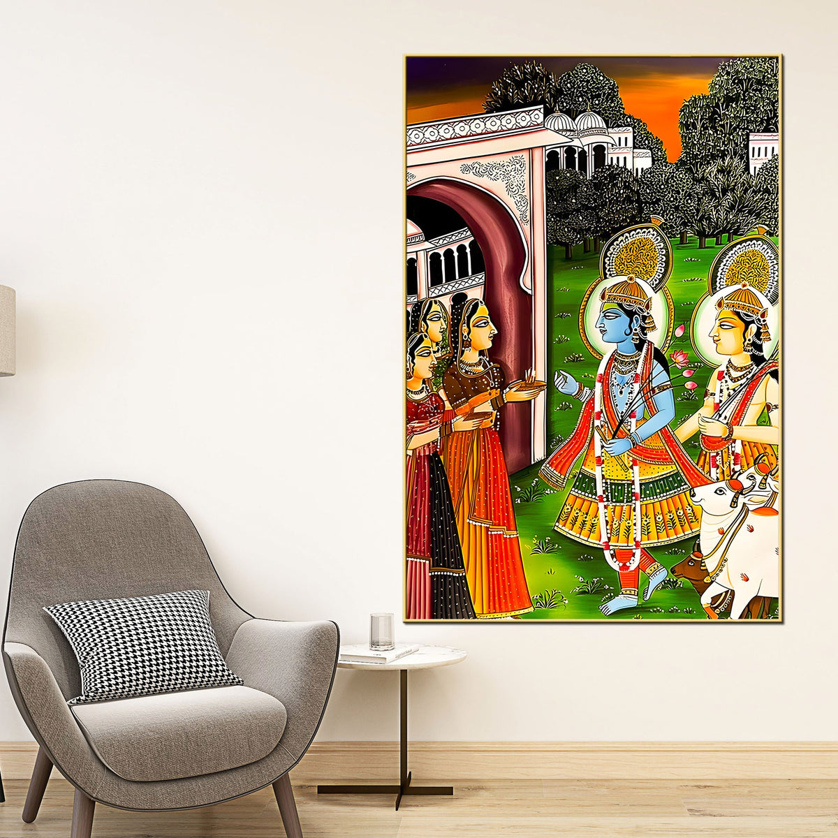 Lord Shree Krishna Balaram Darshan Palace Scene Canvas Wall Painting