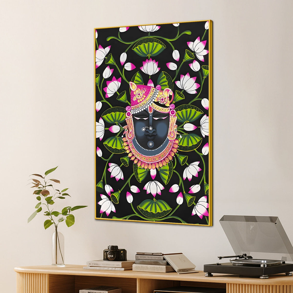 Lord Shree Krishna Portrait with Lotus Canvas Wall Painting