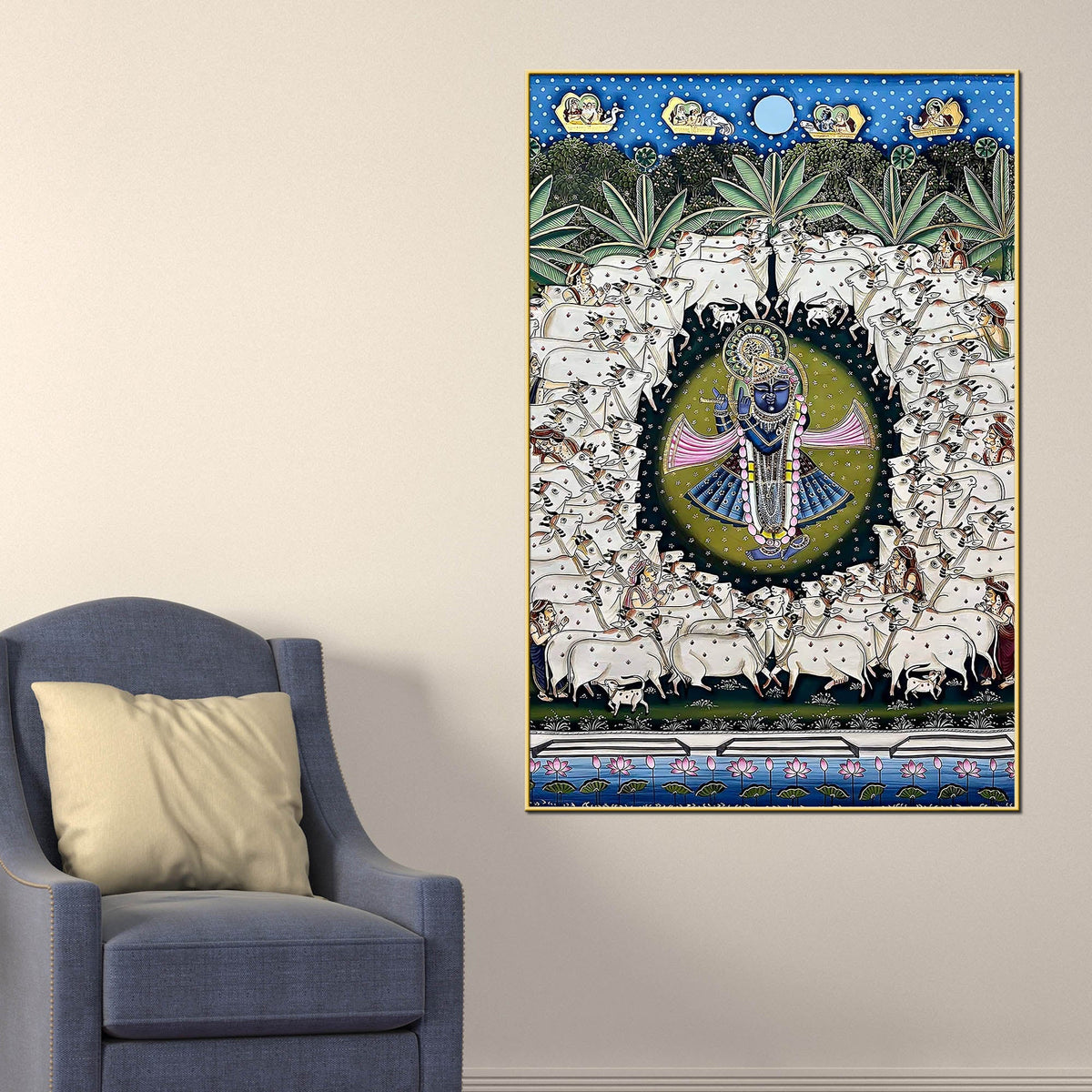Lord Shreenathji Surrounded By Sacred Cows Pichwai Canvas Wall Painting