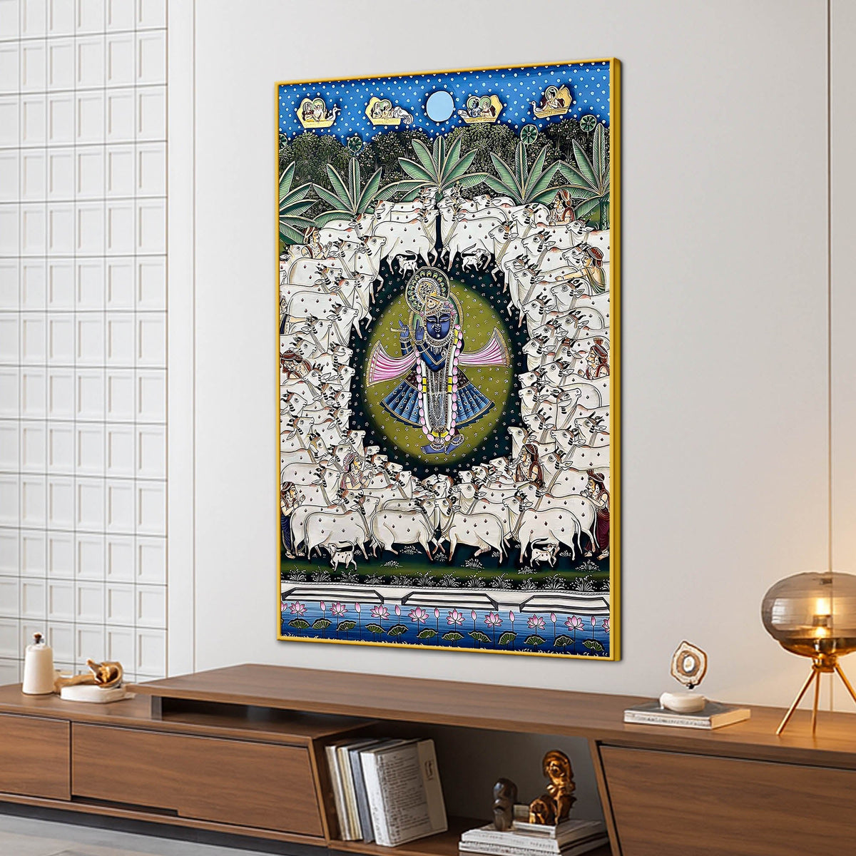 Lord Shreenathji Surrounded By Sacred Cows Pichwai Canvas Wall Painting