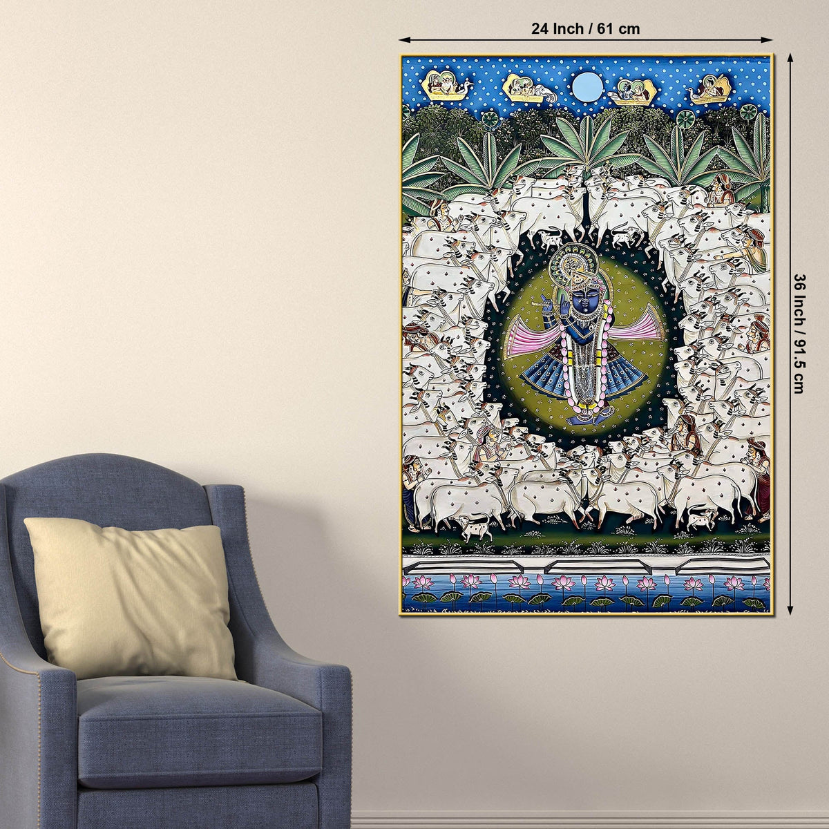 Lord Shreenathji Surrounded By Sacred Cows Pichwai Canvas Wall Painting