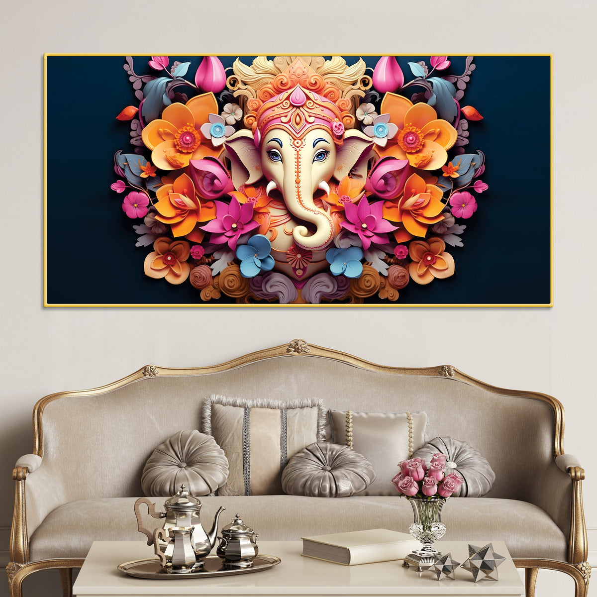 Lord Shri Ganesha in Colorful Floral Aura Premium Canvas Wall Art Spiritual Wall Painting for Home & Offices – Luxury Spiritual Decor