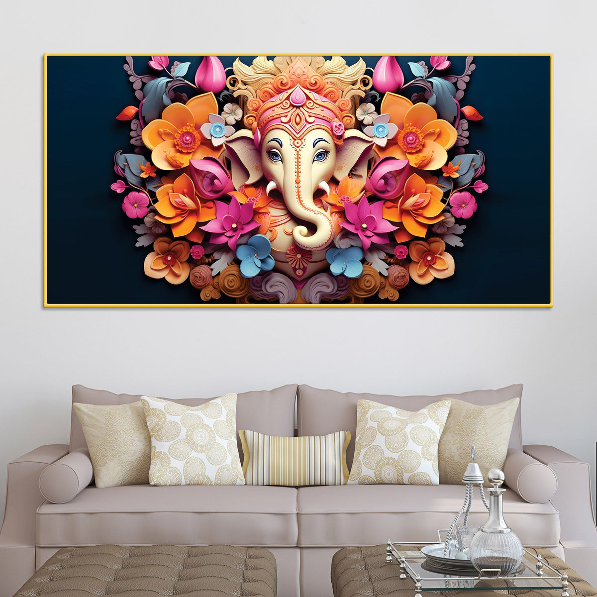 Lord Shri Ganesha in Colorful Floral Aura Premium Canvas Wall Art Spiritual Wall Painting for Home & Offices – Luxury Spiritual Decor