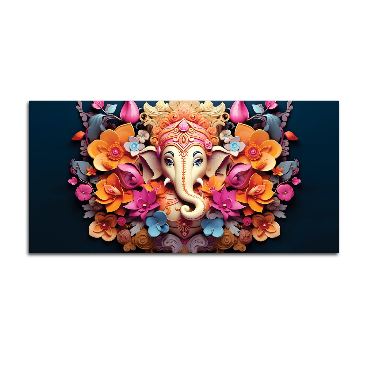 Lord Shri Ganesha in Colorful Floral Aura Premium Canvas Wall Art Spiritual Wall Painting for Home & Offices – Luxury Spiritual Decor