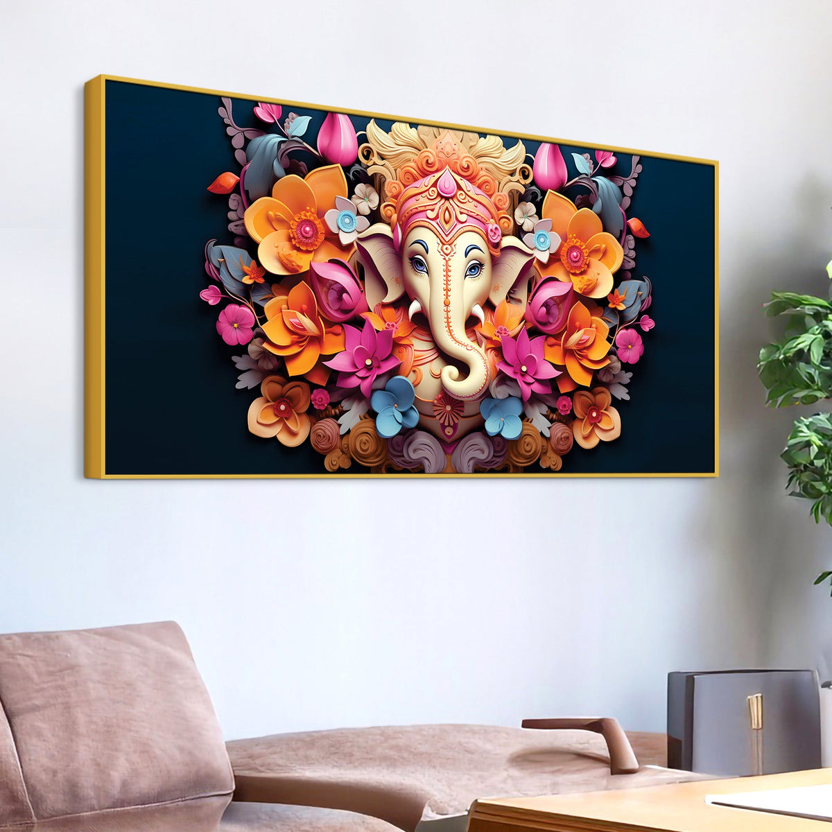 Lord Shri Ganesha in Colorful Floral Aura Premium Canvas Wall Art Spiritual Wall Painting for Home & Offices – Luxury Spiritual Decor