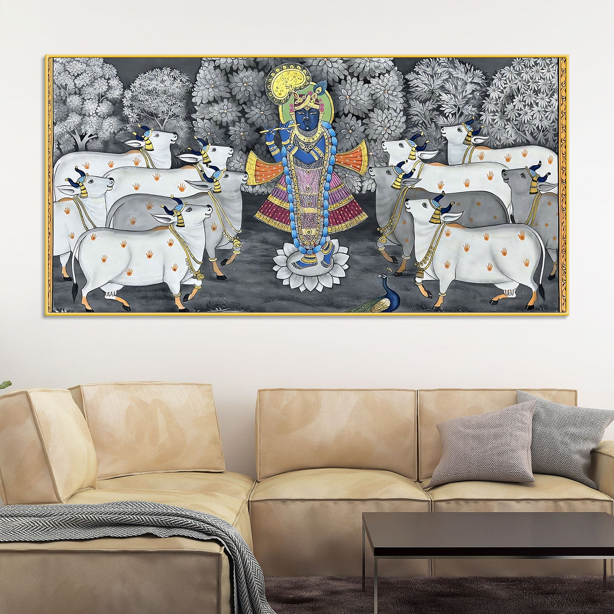 Lord Shri Krishna Govardhan Gopal with Sacred Cows Pichwai Canvas Wall Painting
