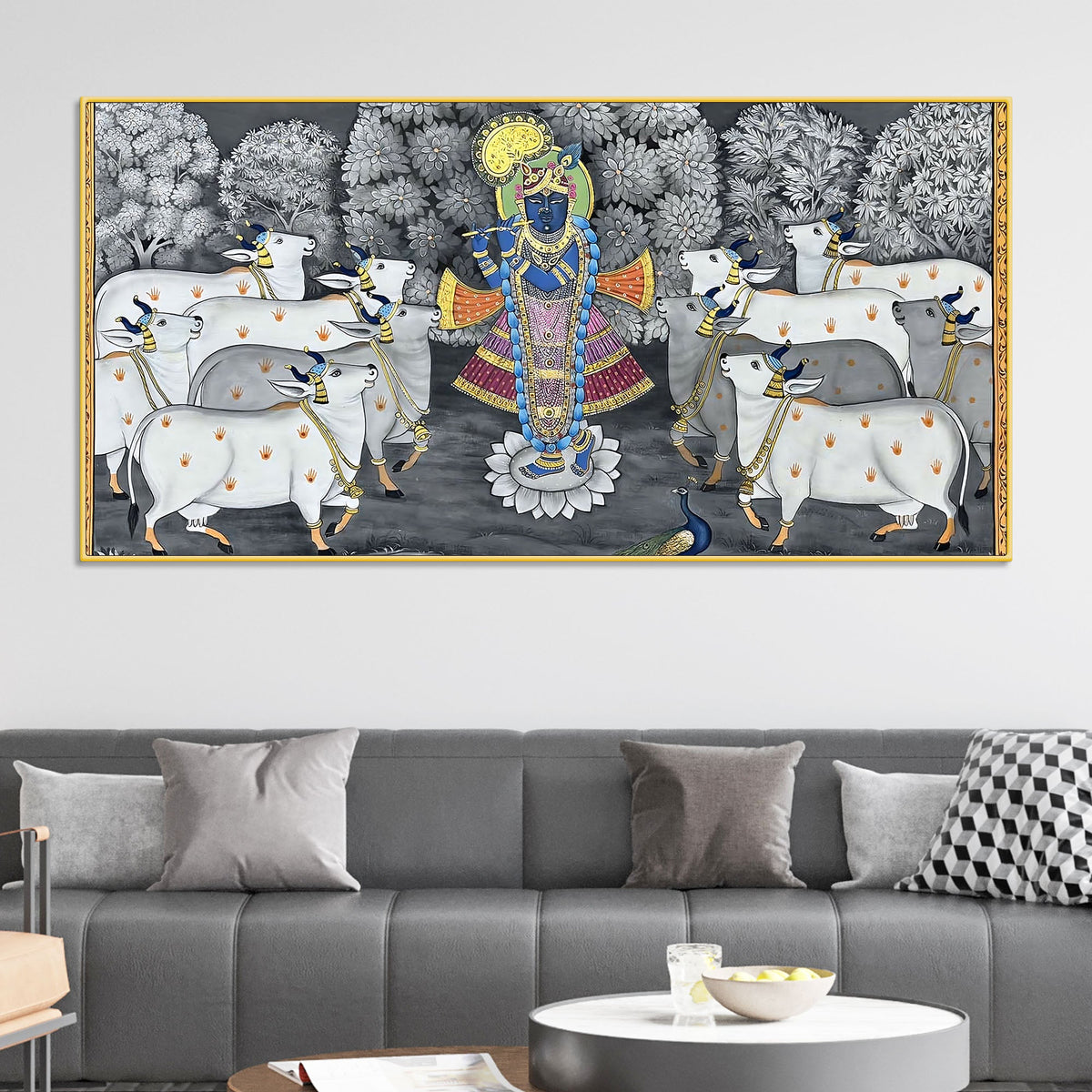 Lord Shri Krishna Govardhan Gopal with Sacred Cows Pichwai Canvas Wall Painting
