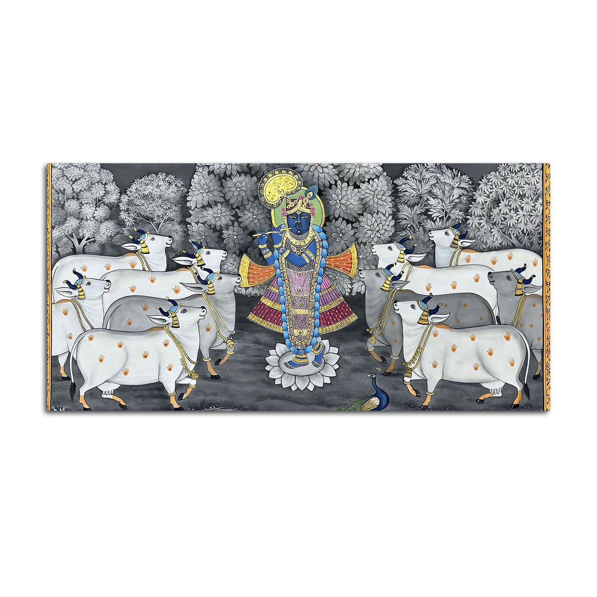 Lord Shri Krishna Govardhan Gopal with Sacred Cows Pichwai Canvas Wall Painting