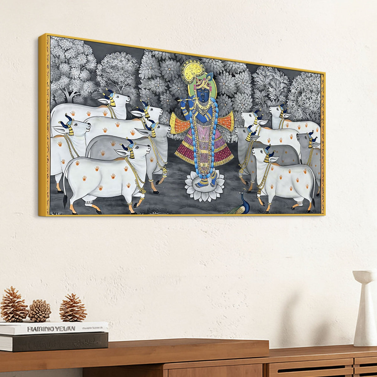 Lord Shri Krishna Govardhan Gopal with Sacred Cows Pichwai Canvas Wall Painting