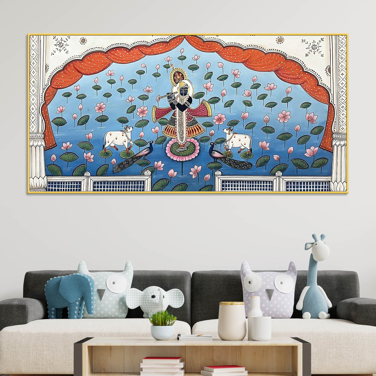 Lord Shri Krishna In Lotus Lake Pichwai Canvas Wall Painting for Home Decor