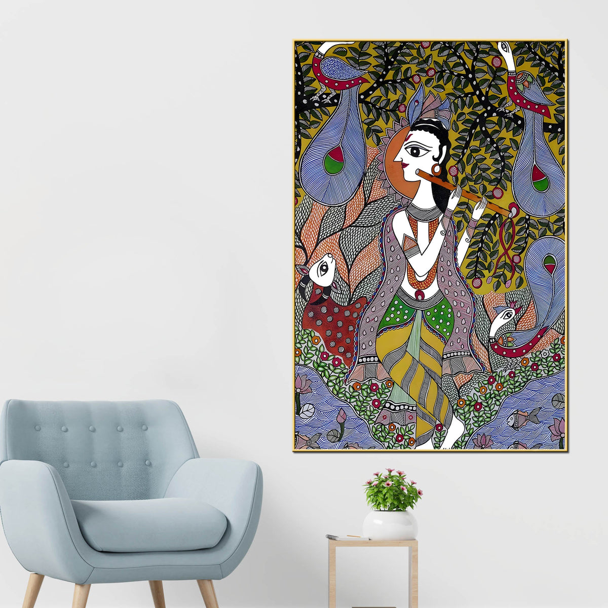 Lord Shri Krishna Playing Flute Under Tree Canvas Wall Painting