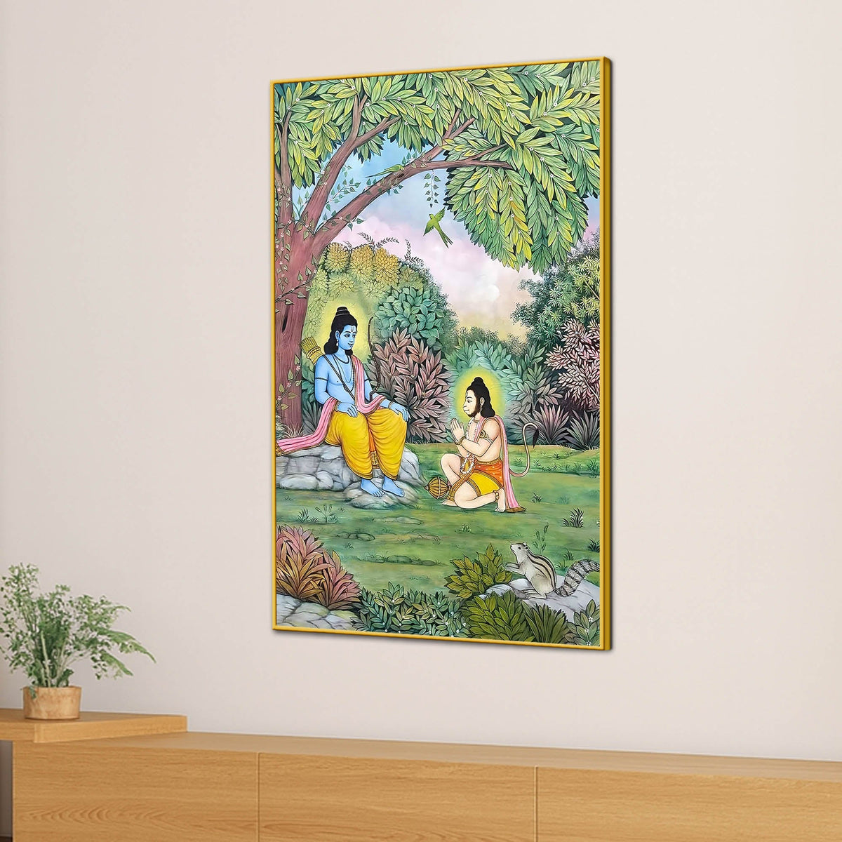 Lord Shri Ram Sitting Under Tree with Shri Hanuman Devotional Canvas Wall Painting