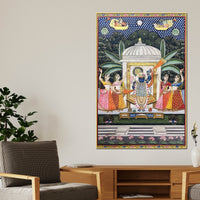 Lord Shrinathji Nathdwara Pushtimarg Krishna Temple Scene Pichwai Canvas Wall Painting