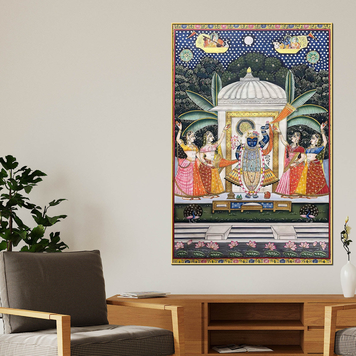 Lord Shrinathji Nathdwara Pushtimarg Krishna Temple Scene Pichwai Canvas Wall Painting
