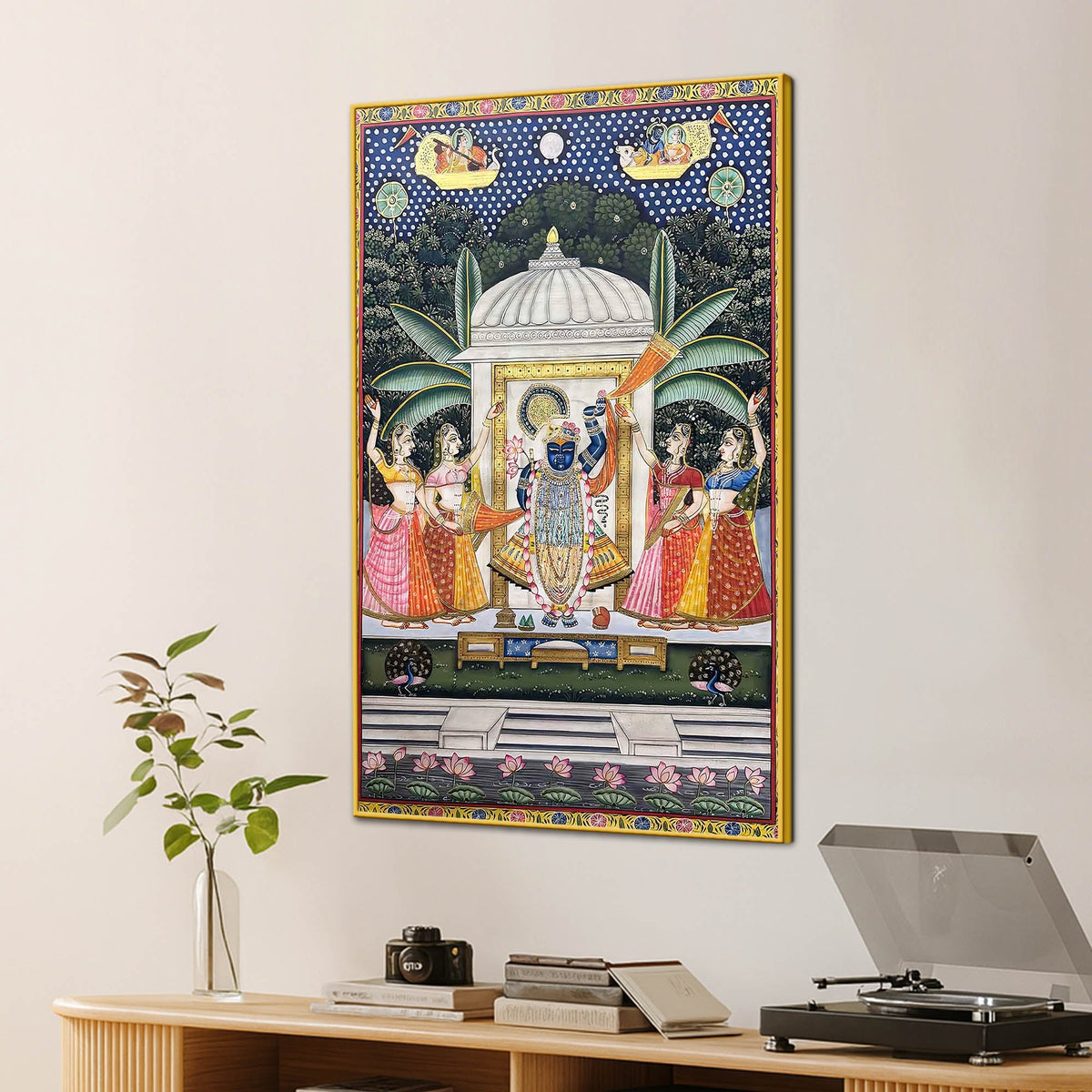 Lord Shrinathji Nathdwara Pushtimarg Krishna Temple Scene Pichwai Canvas Wall Painting