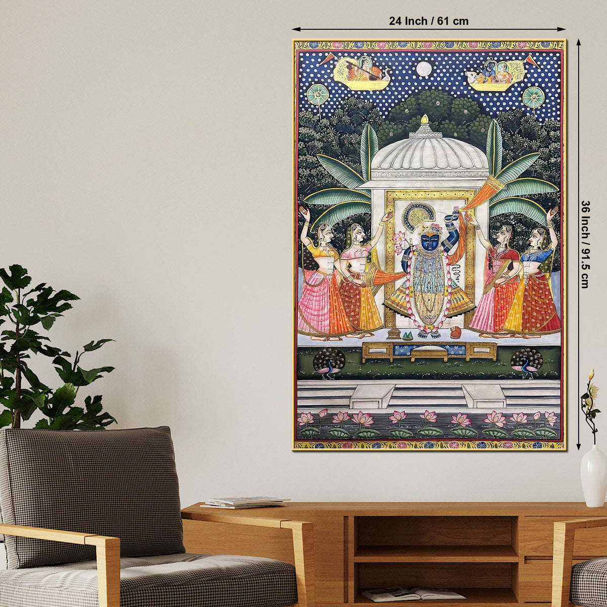 Lord Shrinathji Nathdwara Pushtimarg Krishna Temple Scene Pichwai Canvas Wall Painting