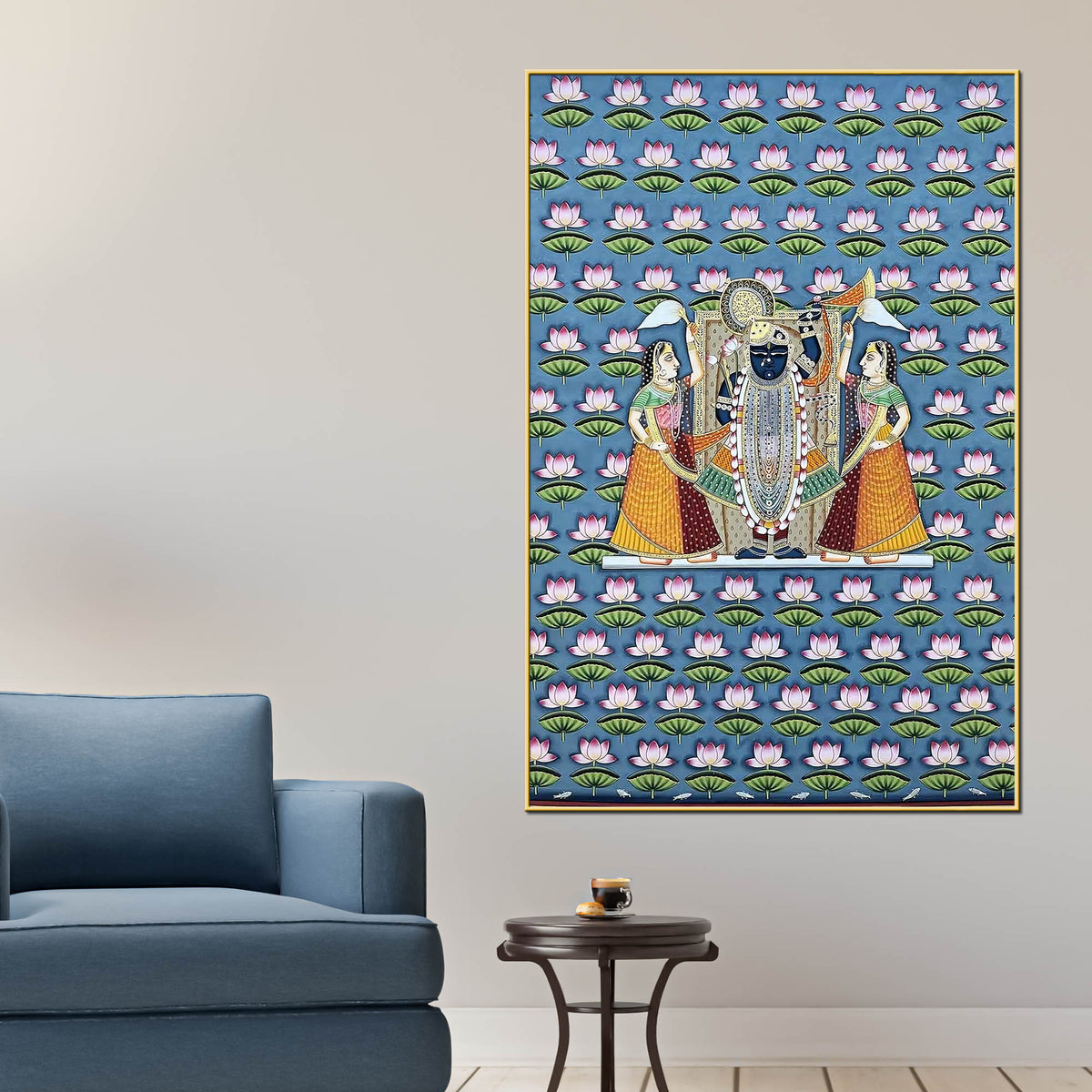 Lord Shrinathji Nathdwara Style Lotus Pattern Pichwai Canvas Wall Painting