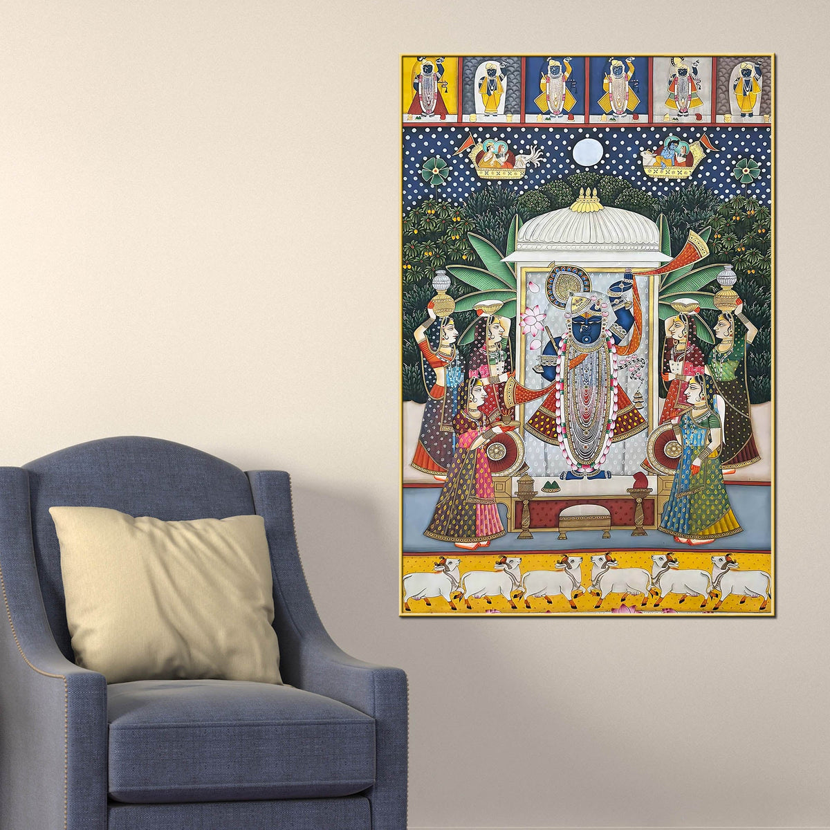 Lord Shrinathji Pushtimarg Krishna Temple Scene Pichwai Style Canvas Wall Painting