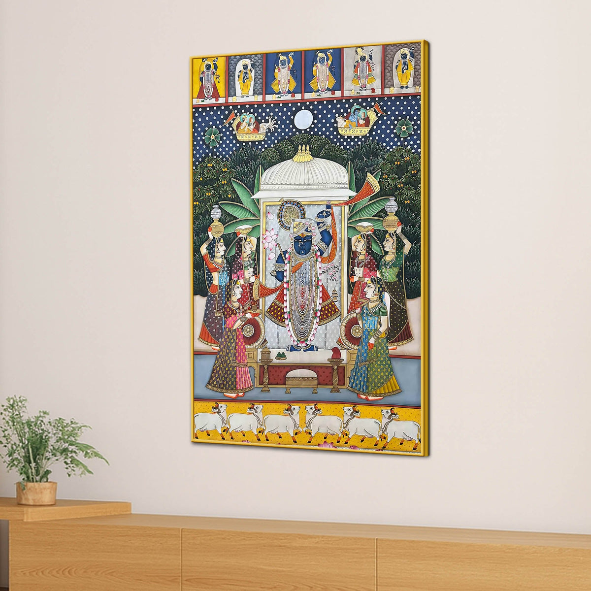 Lord Shrinathji Pushtimarg Krishna Temple Scene Pichwai Style Canvas Wall Painting