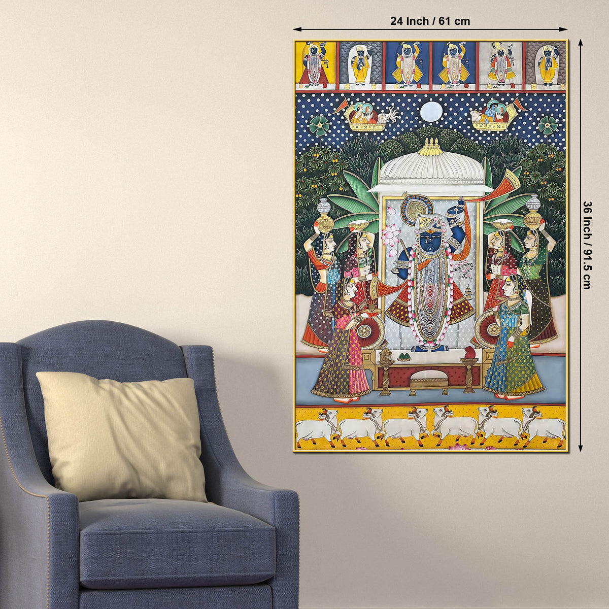 Lord Shrinathji Pushtimarg Krishna Temple Scene Pichwai Style Canvas Wall Painting