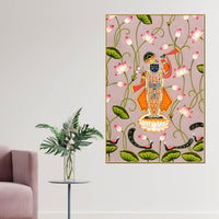 Lord Shrinathji Standing on Lotus in Peaceful Garden Devotional Canvas Wall Painting
