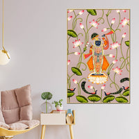 Lord Shrinathji Standing on Lotus in Peaceful Garden Devotional Canvas Wall Painting
