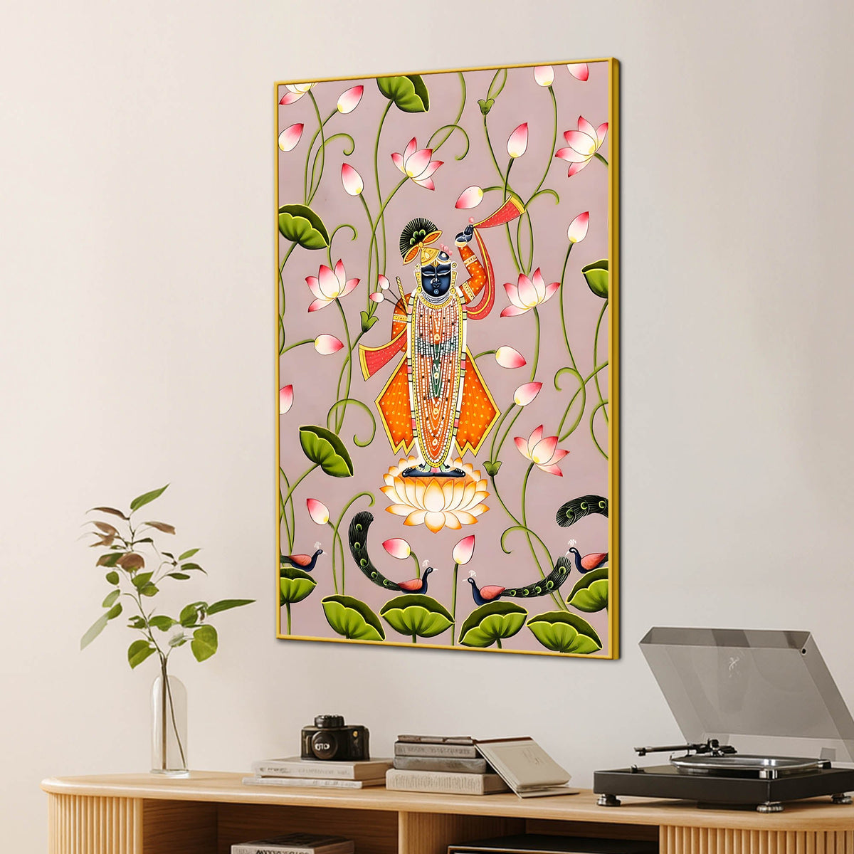 Lord Shrinathji Standing on Lotus in Peaceful Garden Devotional Canvas Wall Painting