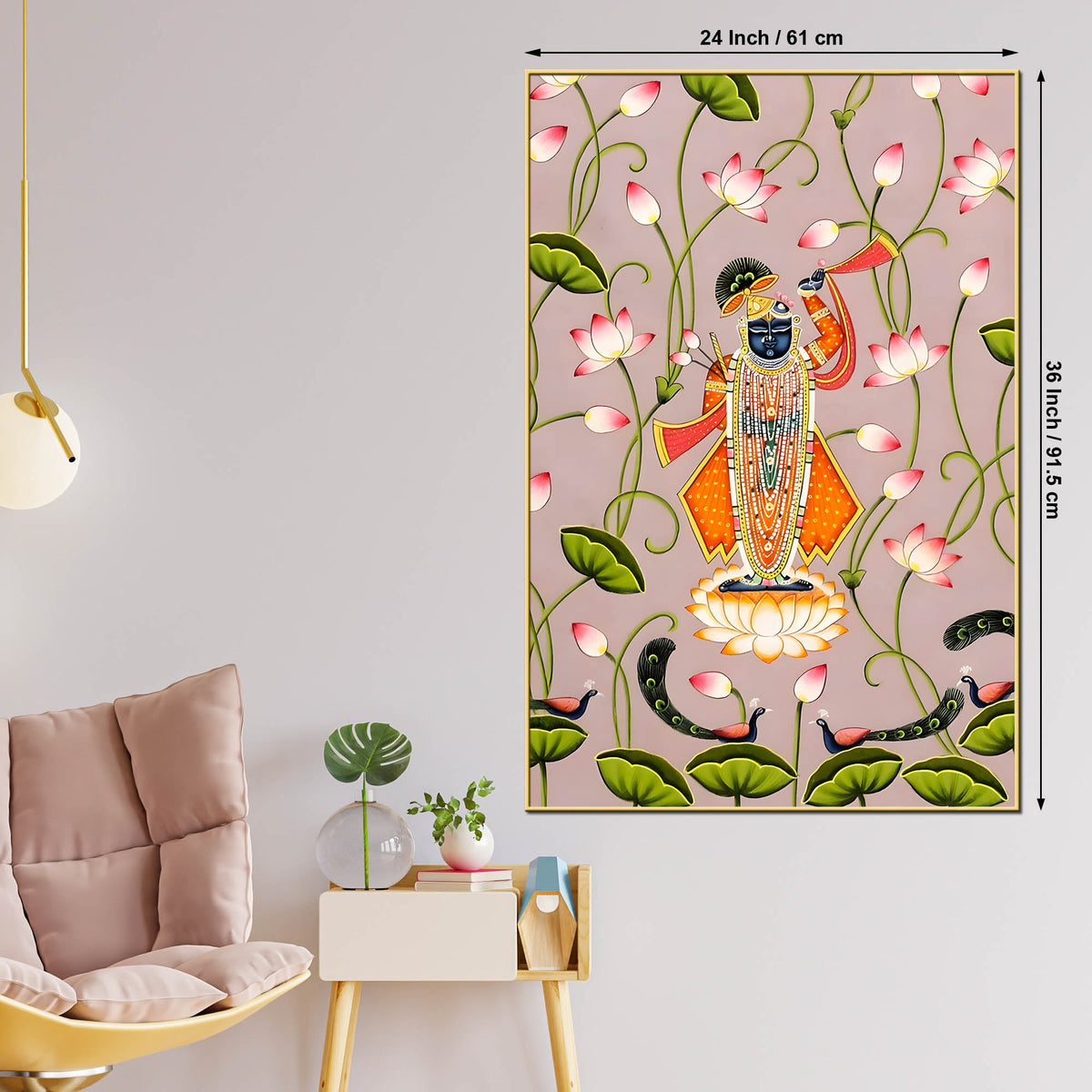 Lord Shrinathji Standing on Lotus in Peaceful Garden Devotional Canvas Wall Painting
