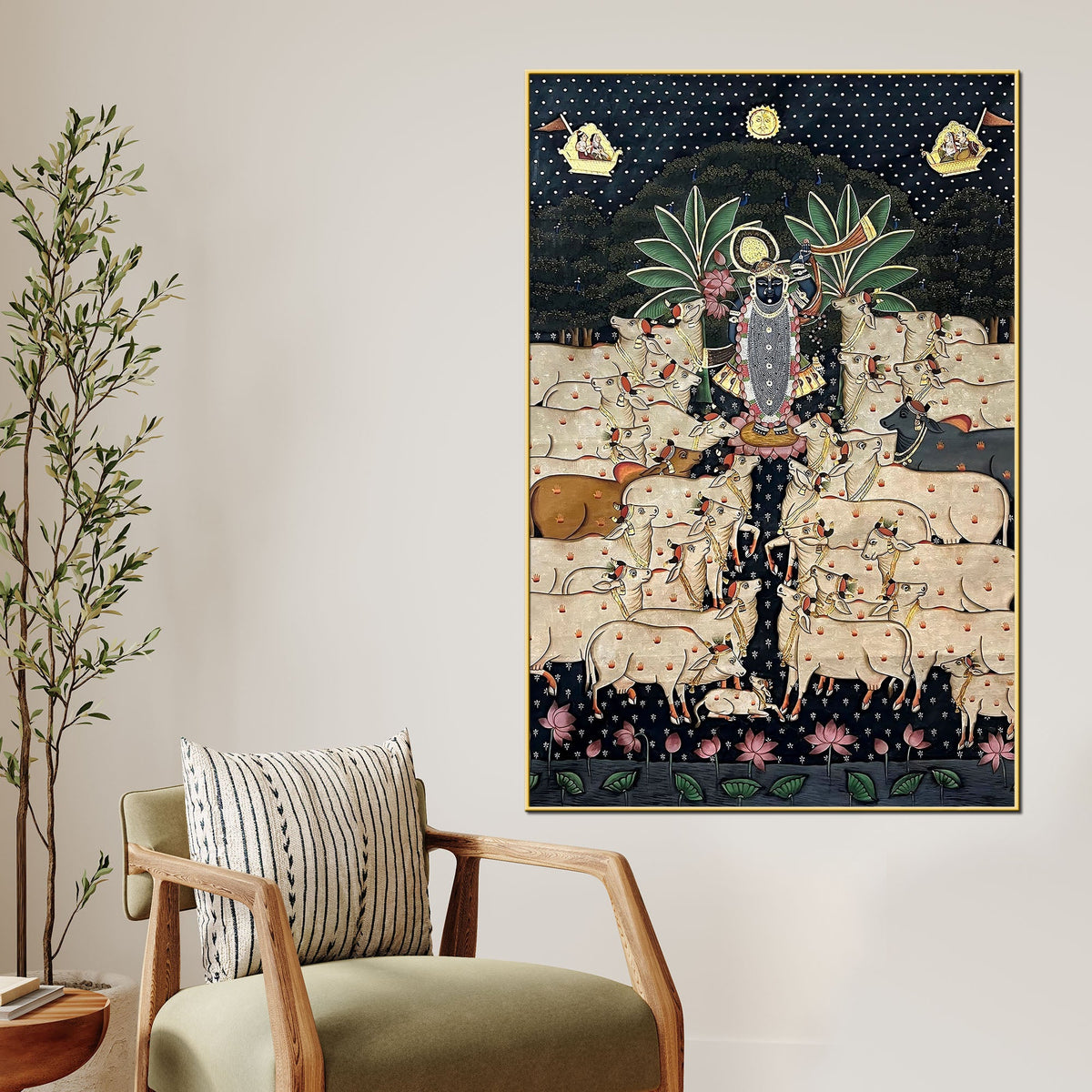 Lord Shrinathji with Sacred Cows Pichwai Style Canvas Wall Painting for Home