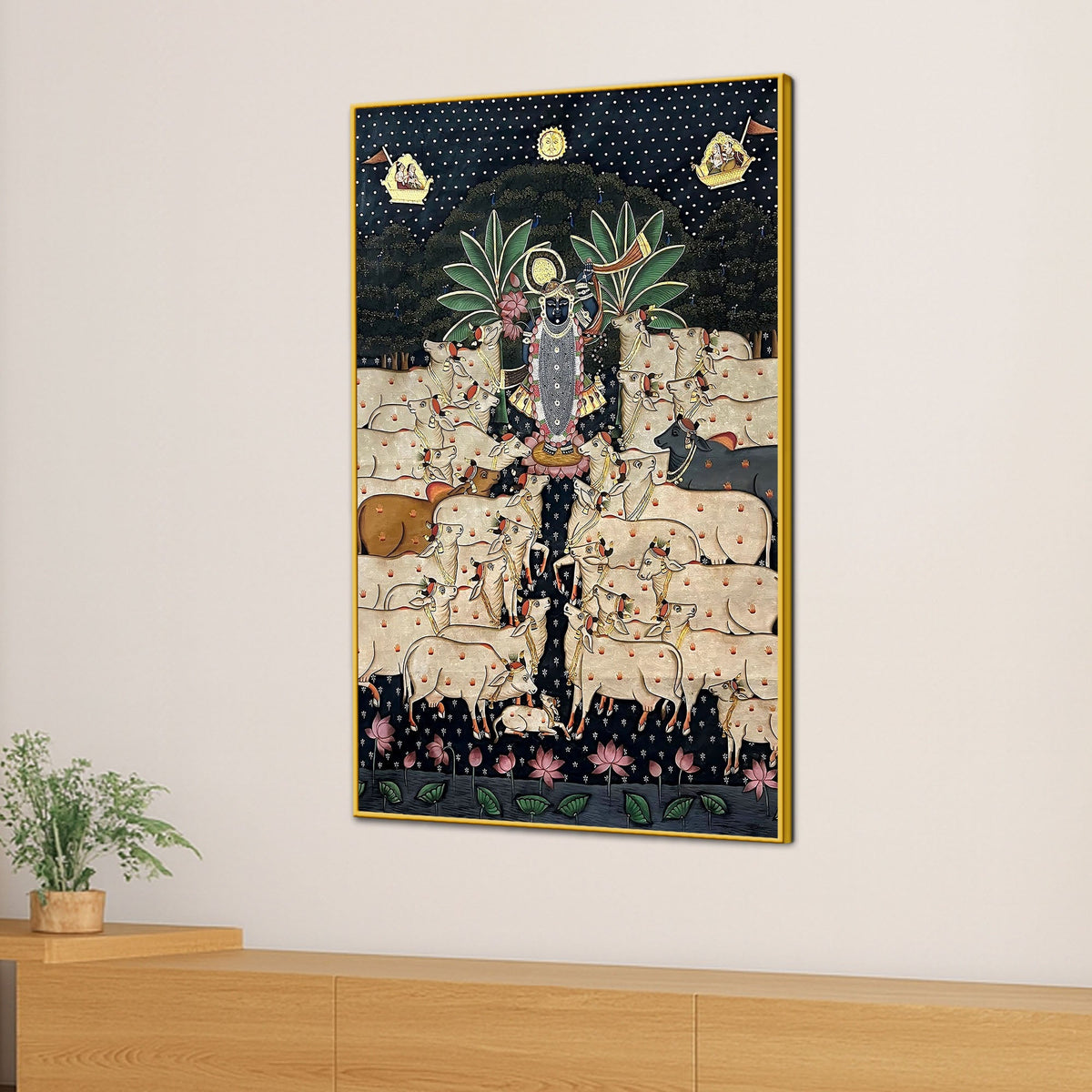 Lord Shrinathji with Sacred Cows Pichwai Style Canvas Wall Painting for Home