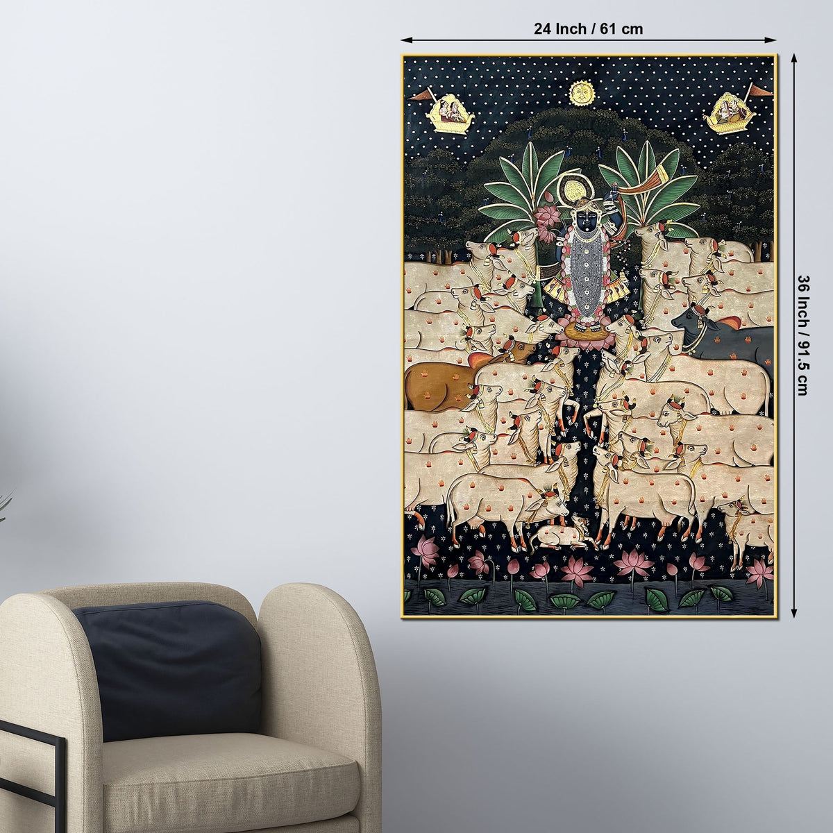 Lord Shrinathji with Sacred Cows Pichwai Style Canvas Wall Painting for Home