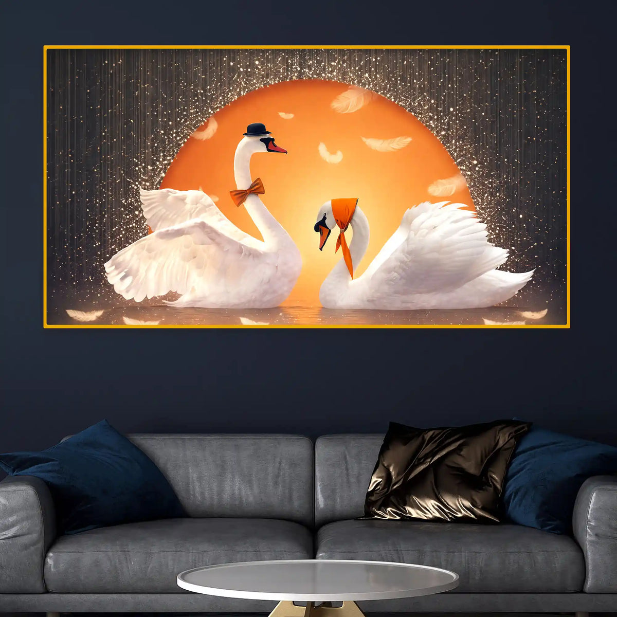 Love Swan Pair Crystal Glass Painting for Romantic Wall Art Décor