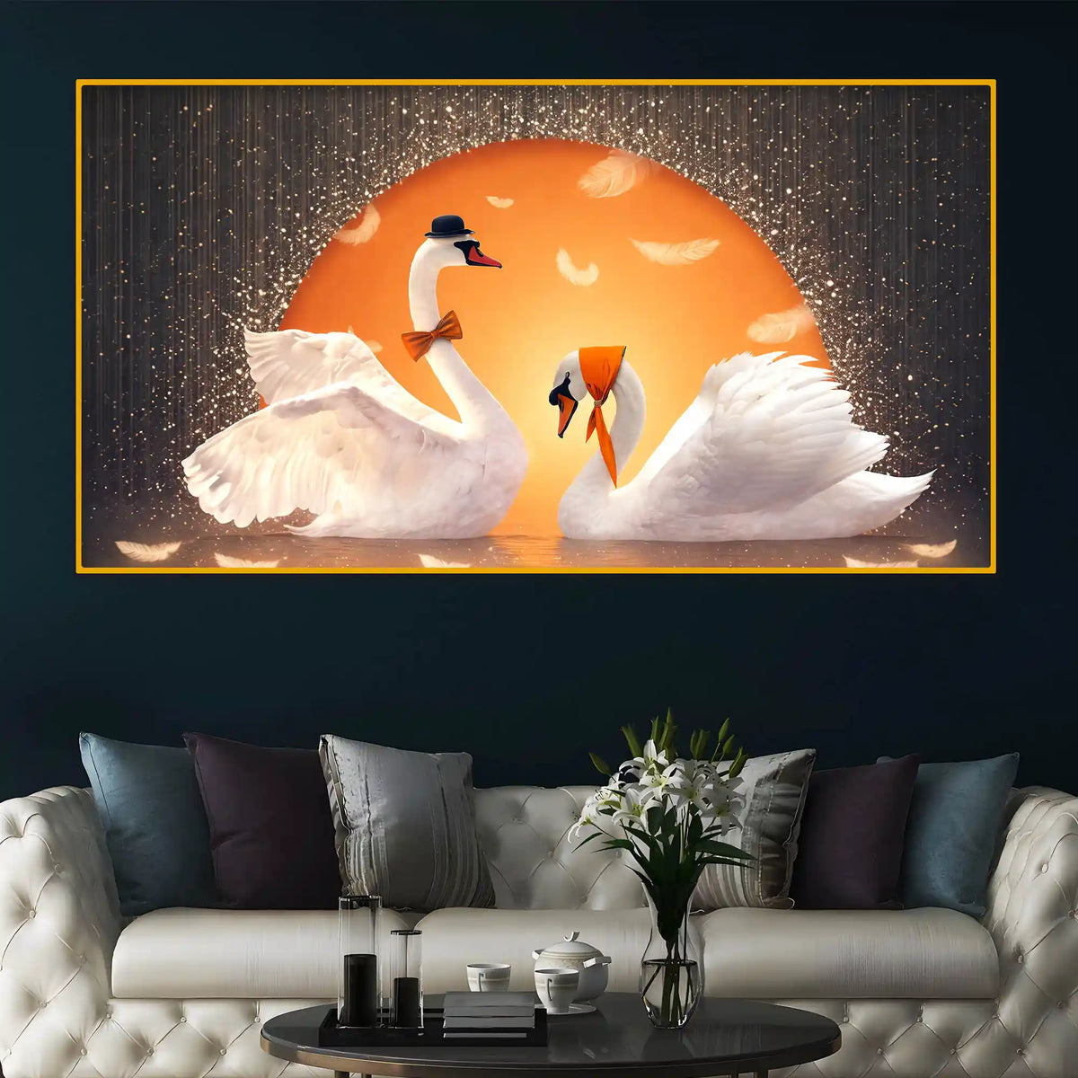 Love Swan Pair Crystal Glass Painting for Romantic Wall Art Décor
